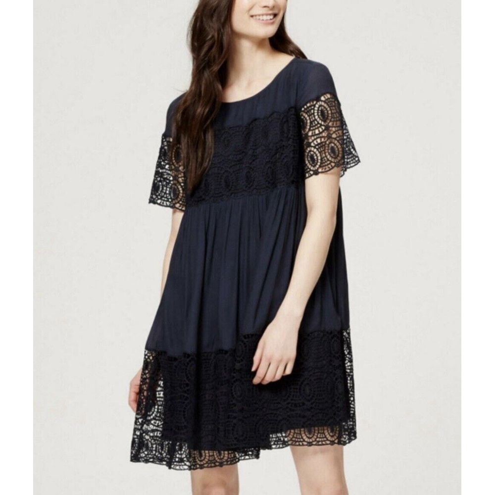 Ann Taylor LOFT Navy Blue Eyelet Crochet Short Sleeve Babydoll Mini Dress XS